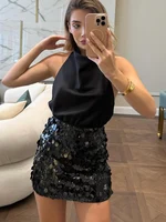 HH Elegant Women Solid Sequined Slim Mini Skirt 2025 Sparkling Party Style Skirt Female Sexy High Waist Short A-Line Skirt - Image 2