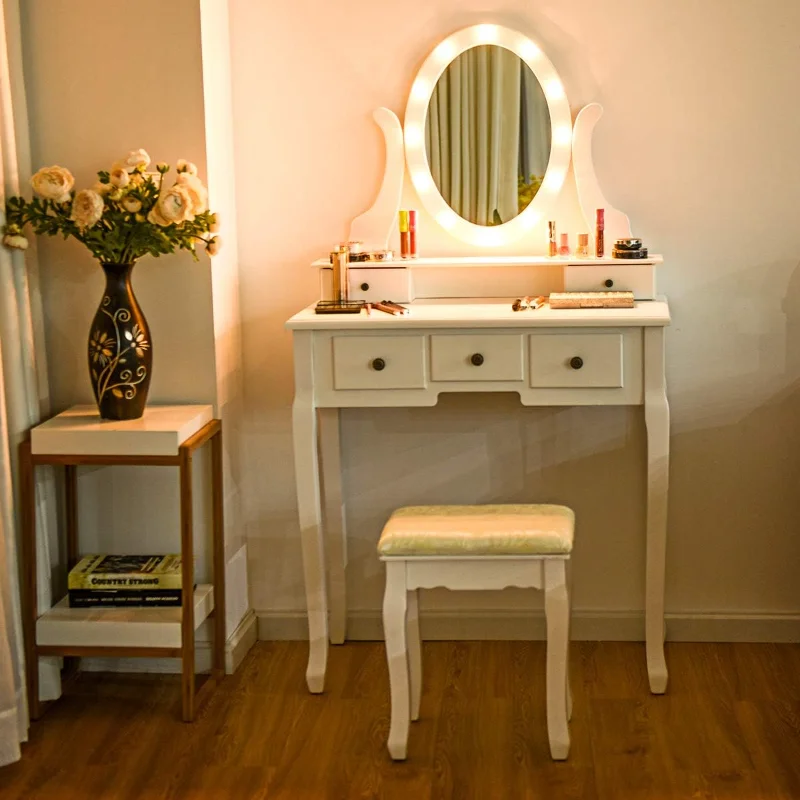 

HOMGX туалетный столик с подушкой, вращающееся на 360 ° овальное зеркало для макияжа, туалетный столик с 12 лампочками, съемный верх, 5 мест хранения