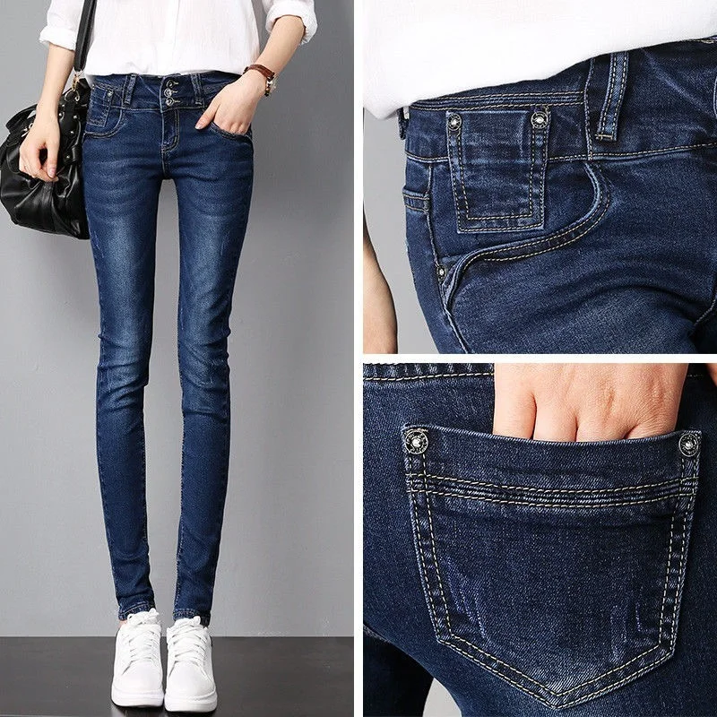 

Stretch High Waist Jeans Pants Women 2023 New Skinny Slim Fashion Washed Denim Pencil Three Buttons Long Skinny Trousers M533