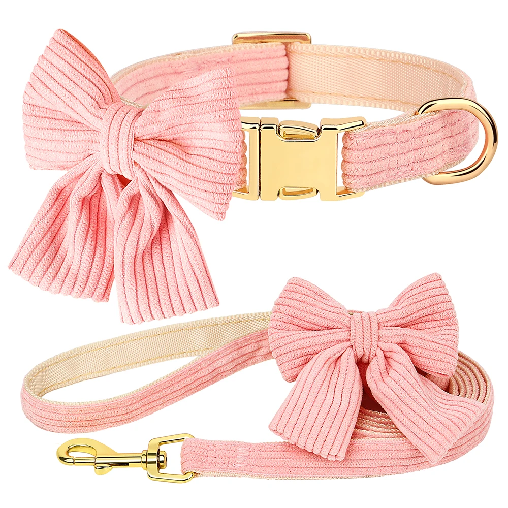 Cute Dog Collar Leash Set With Bowknot Soft Velvet - PeticaDeals