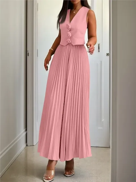 Comfortable Casual Vest Waist Pleated Skirt Set Women's Simple Solid Color Temperament Elegant Sweet Cool Style Two-piece Set 2
