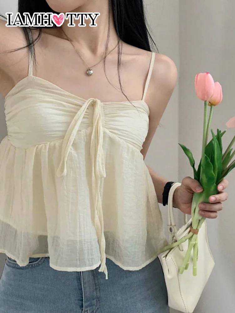 

IAMHOTTY Korean Style Sweet Fluffy Camis A-line Lace-up Double Layers Crop Top Y2K Aesthetic Tank Tops Holiday Cute Vest Women