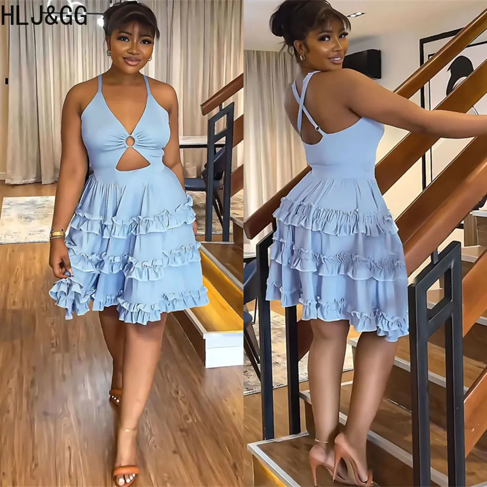 

HLJ&GG Summer Solid Color Ruffles Elegant Dresses Women Halter Off Shoulder A-line Knee Dress Fashion Female Party Club Clothing