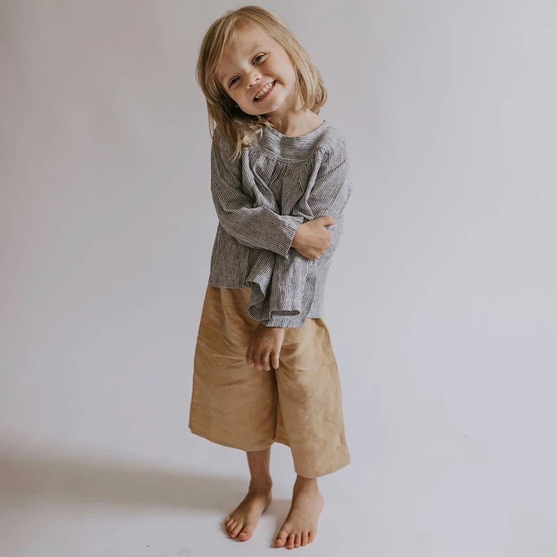 Kids Wide-Legged Linen Pants With Pockets Summer Casual Loose Retro Cotton And Linen Girls Trousers Baby Clothes TZ423