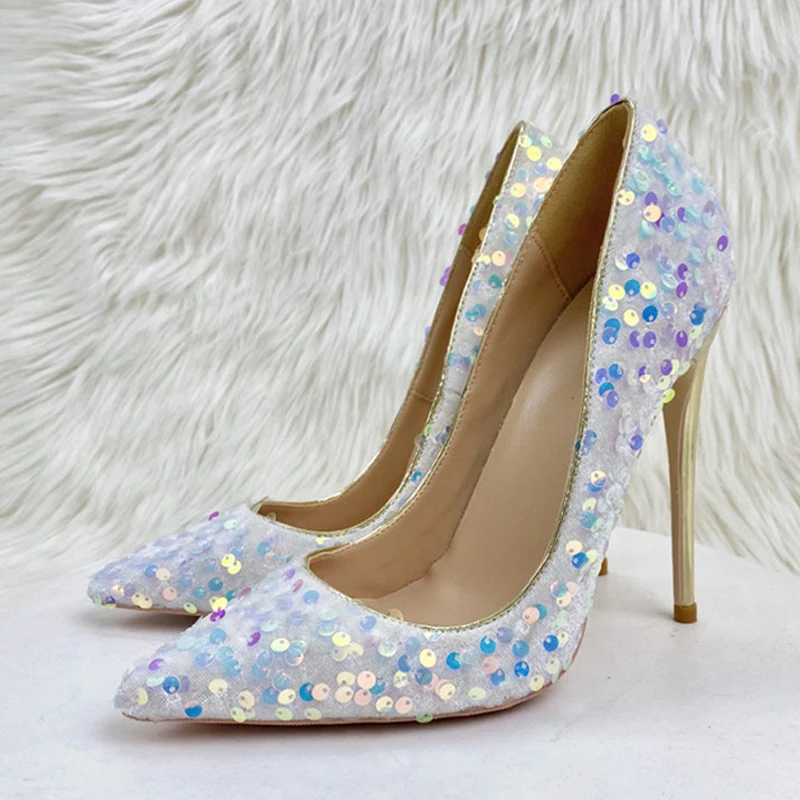 

Glitter sequins shoes 8cm 10cm 12cm high thin heels pointed toe plus size 33-45 party work sexy cozy women pumps LF033 ROVICIYA