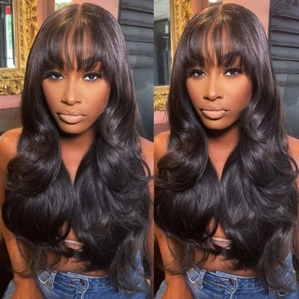 Glueless Human Hair Lace Front Wigs With Bangs Body Wave 5x5 Closure Fringe