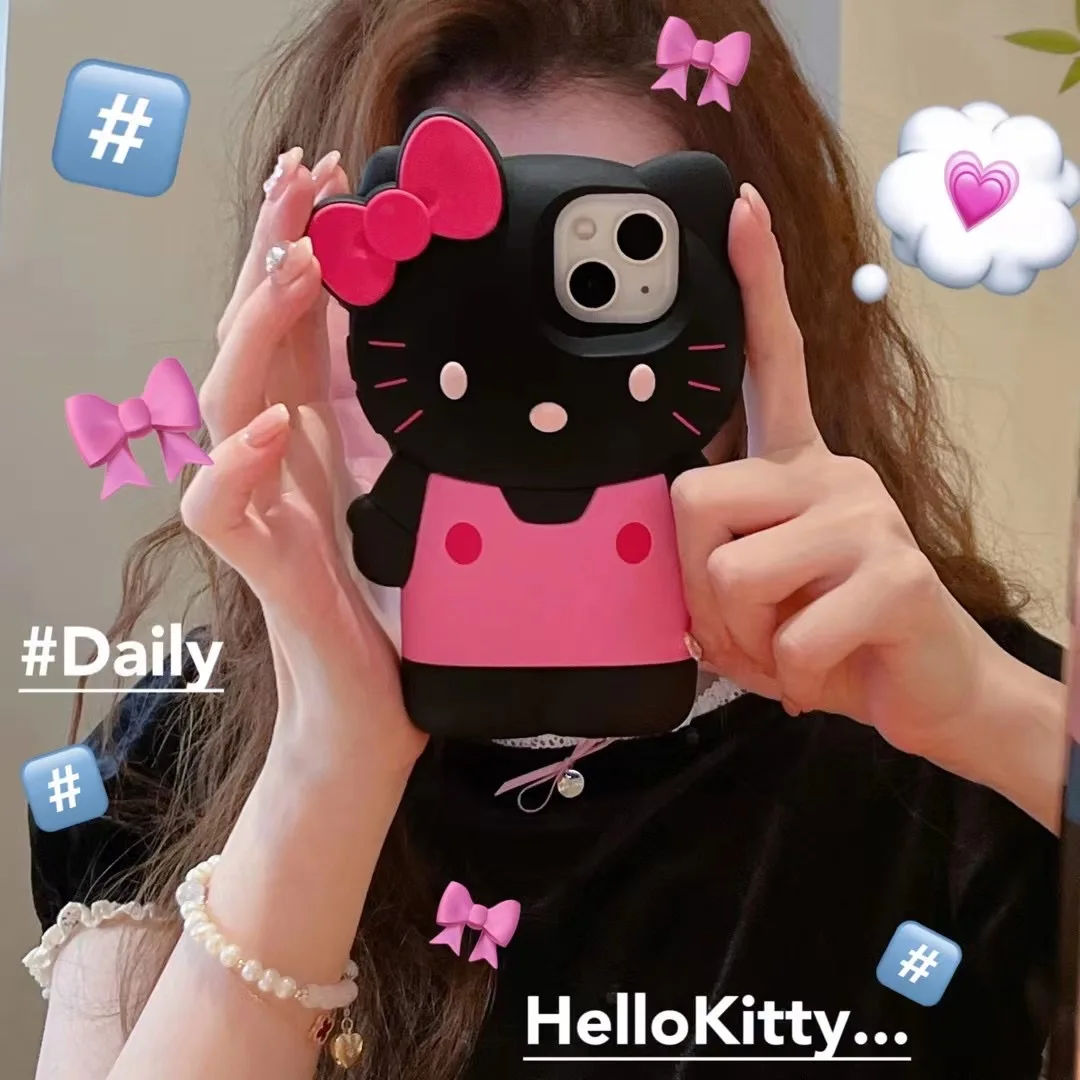 Sanrio Hello Kitty black and pink cute bow clothes Silicone Soft Shell