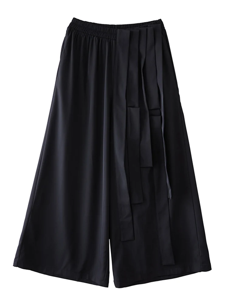 Black Vintage High Waist Casual Wide Leg Pants Women Spliced Ribbon Loose Ladies Trousers Fashion Streetwear Spring Autumn 2025