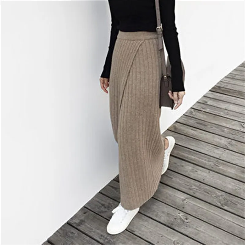

2023 Winter Women New Retro Fashion Side Fork Pencil Knit Long Skirt Half-length Woolen Soild Color Sexy High Waist Skirt Female