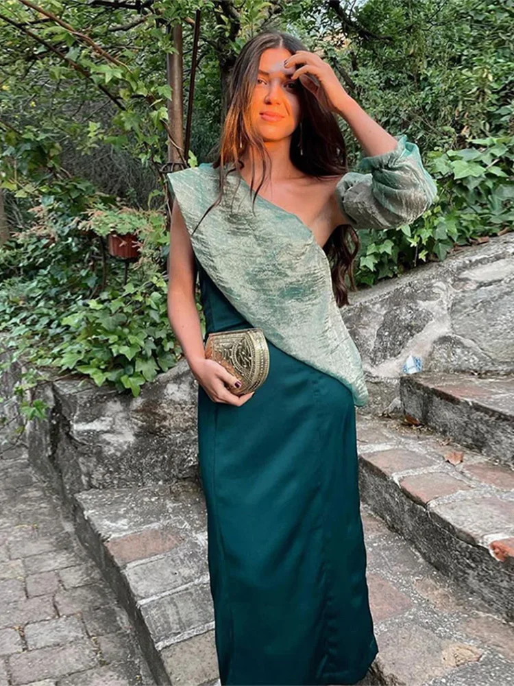 

Fashion Slash Neck Mesh Spliced Long Dresses Women Sexy Single Sleeve Off Shoulder Slim Dress 2024 Summer New Lady Party Robes