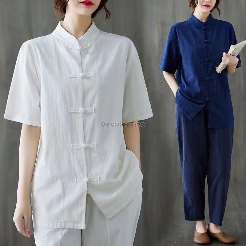 

2024 retro chinese style stand collar cotton linen top summer zen tea loose tai ji clothes casual daily improved tang suit top
