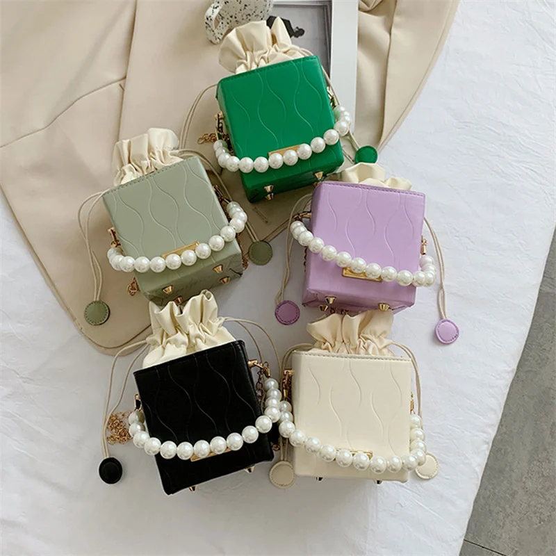 

Fashion Women Pu Leather Thin Chain Shoulder Crossbody Drawstring Bag With Pearl Solid Color Small Handbags
