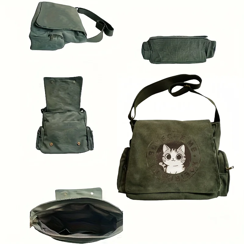 Cute Cat Print Army Green Canvas Crossbody Messenger Bag Large Capacity Multiple Pockets Go To School Book Bag