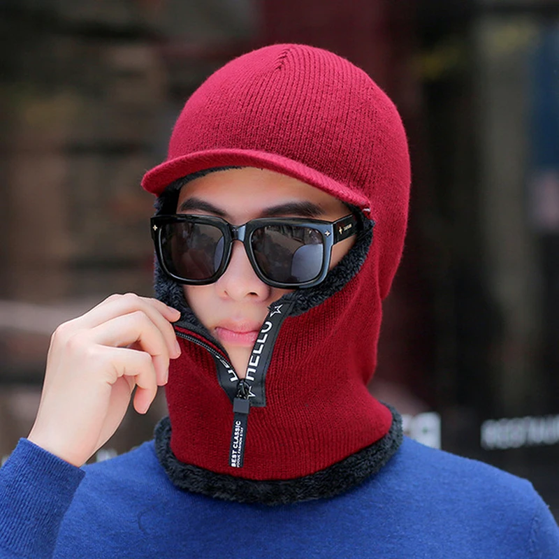 Men Women Knitted Hats Winter Thickened Plush One Piece Outdoor Cycling Zipper Neck Protection Male Female Woolen Cap baseball cap winter hat