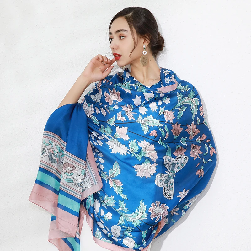 New Blue Silk Luxury Brand Bandana Scarf Women Fashion