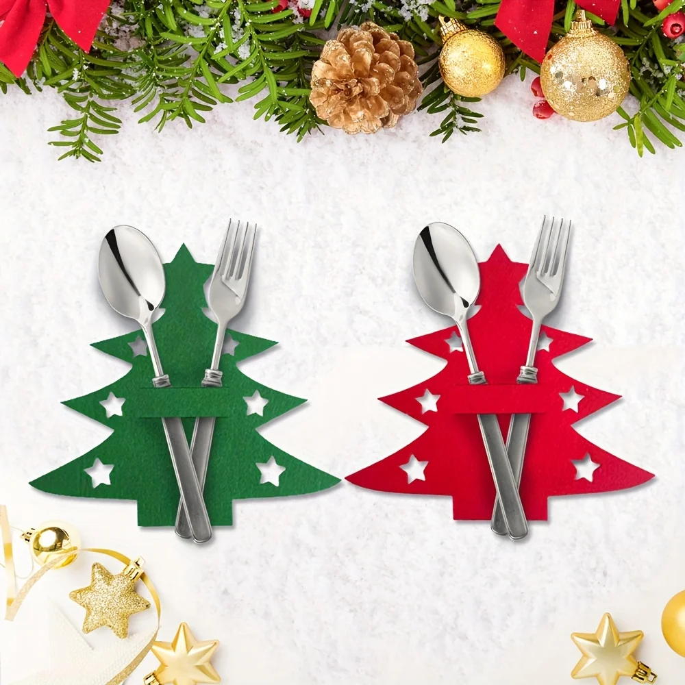 Festive Christmas Utensil Holder Set, Black Reindeer & Gray Star Fork Knife Covers for Holiday Table Setting, Dinner Party Decor