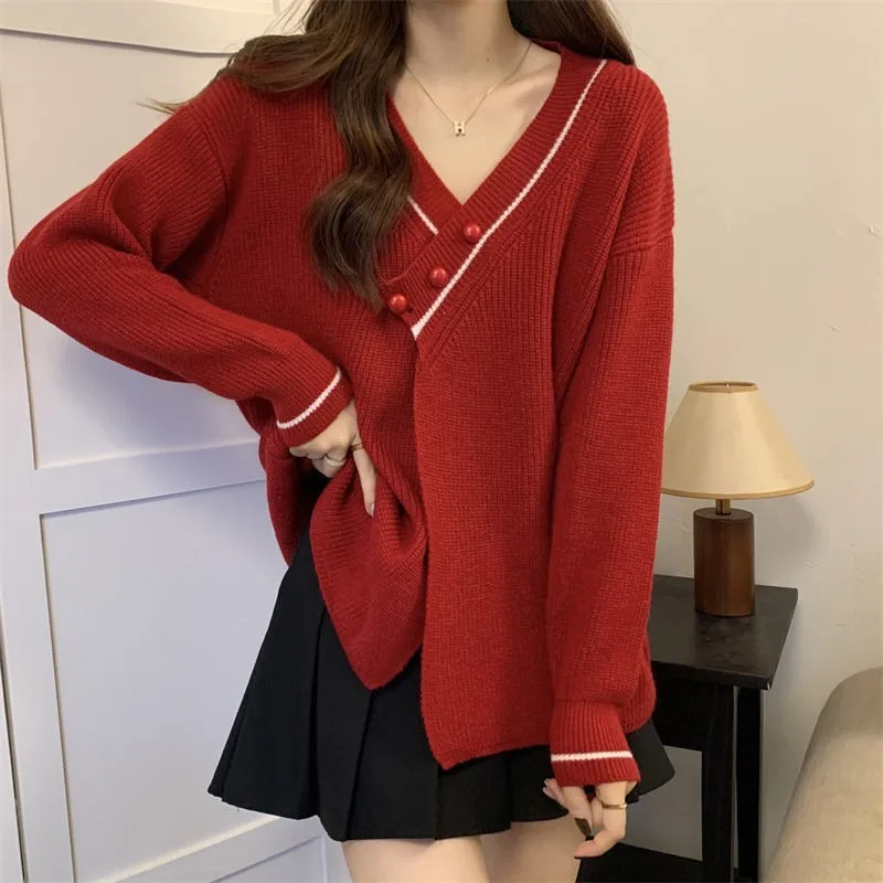 

Plus Size Oversized Loose Knitwear Red V-neck Knit High-end Sweater Women Autumn Winter 2024 New Design Sense Knitted Cardigan