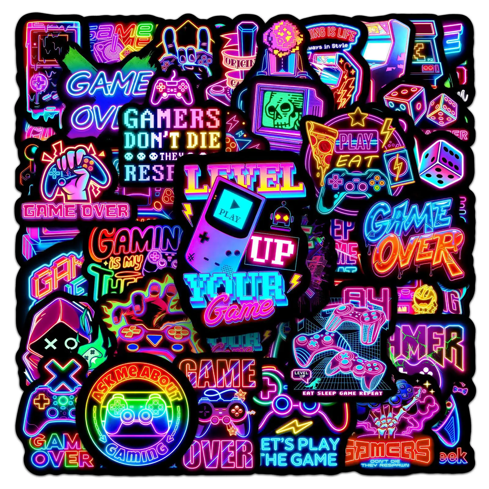 50pcs Creative Neon Video Game Cartoon Stickers Waterproof DIY Skateboard Phone Laptop Guitar Cool Graffiti Decals Packing