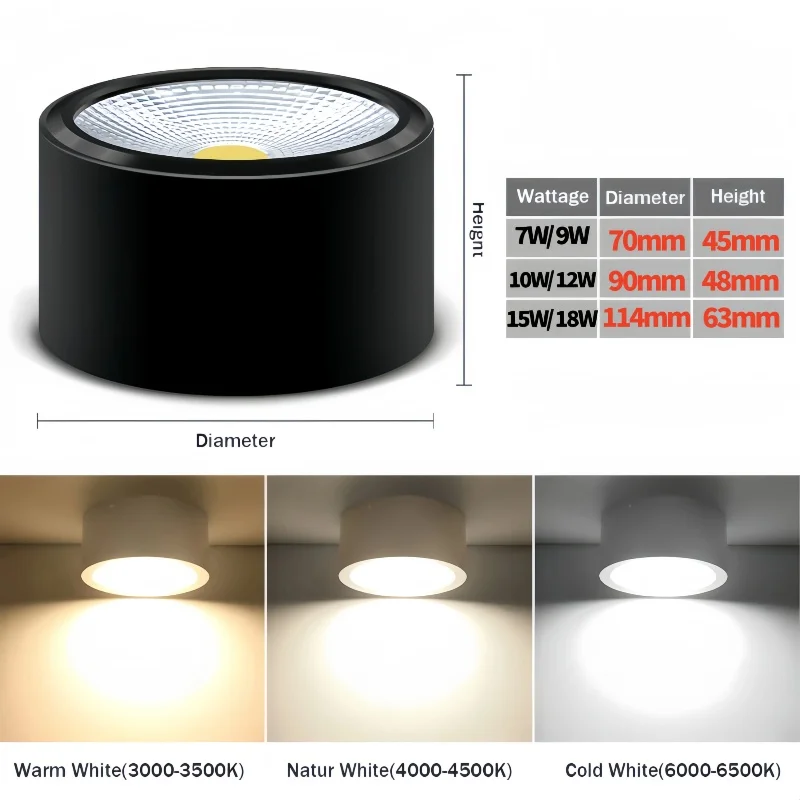 LED 다운라이트 디밍 가능 5W 7W 10W12W15W18W 현대식 LED 표면 장착 천장 조명 스포트라이트, 인테리어 장식 조명