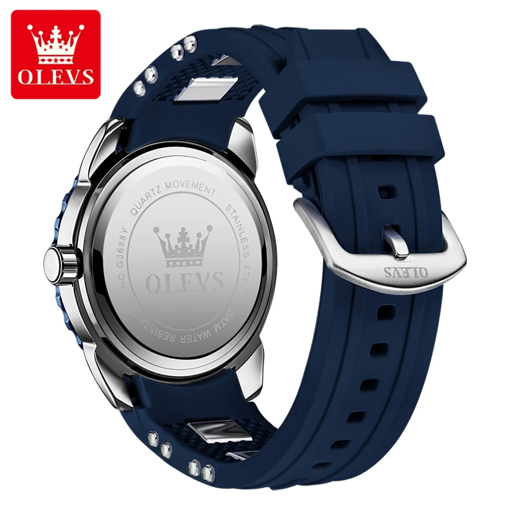 OLEVS 3688 Luxury Watches For Men Fashion Silicone Strap Quartz Man Watch 44mm Big Dial Waterproof Luminous Men's Sports Watches