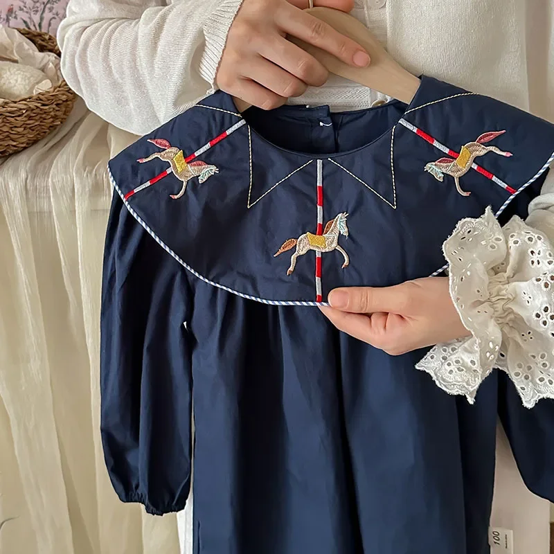 2024 Autumn Carousel Embroidery Lapel Long Sleeved Girls' Dress Clothing Spring Campus Navy Style Children's Pure Cotton Dress - Image 4