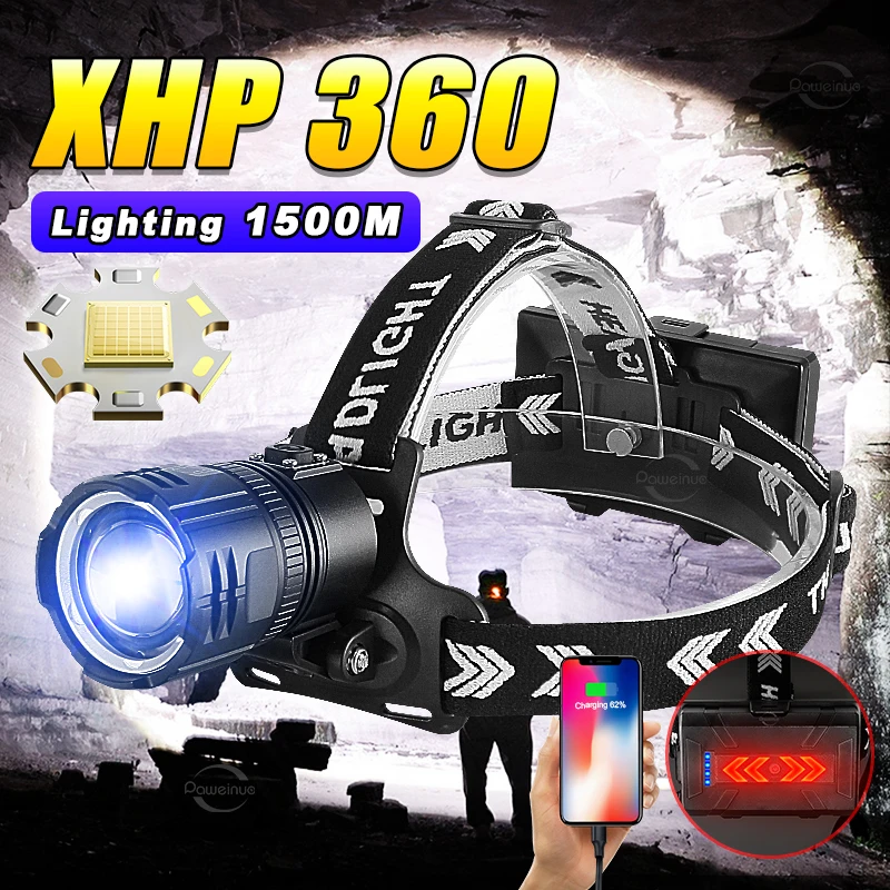 2024 XHP360 超強力 LED ヘッドランプ 36 コア 18650 USB 充電式ヘッド