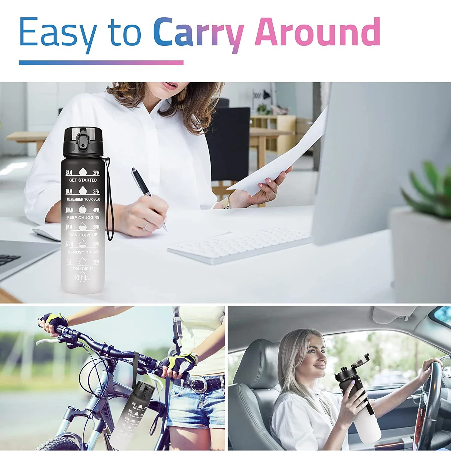 1L Sports Water Bottle with Straw and Time Marker Plastic Motivational Water Bottle Drinking Bottle Leakproof for Fitness Gym