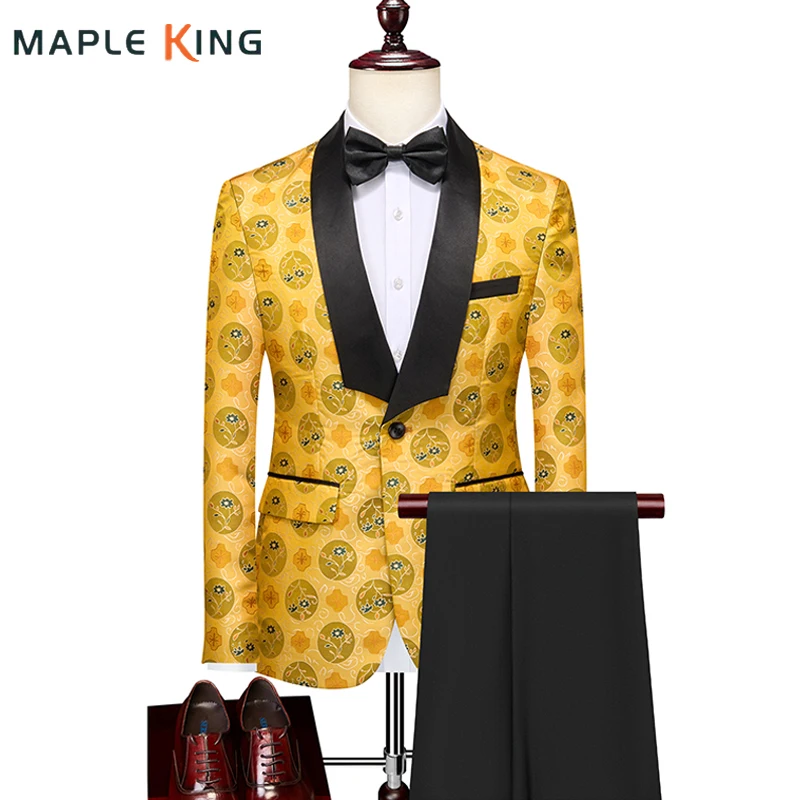 

Men Prom Suit Set Bright Yellow Floral Conjunto Masculino Elegante Luxo 2 Pieces Party Dress Blazer+pants Wedding Dinner Custome