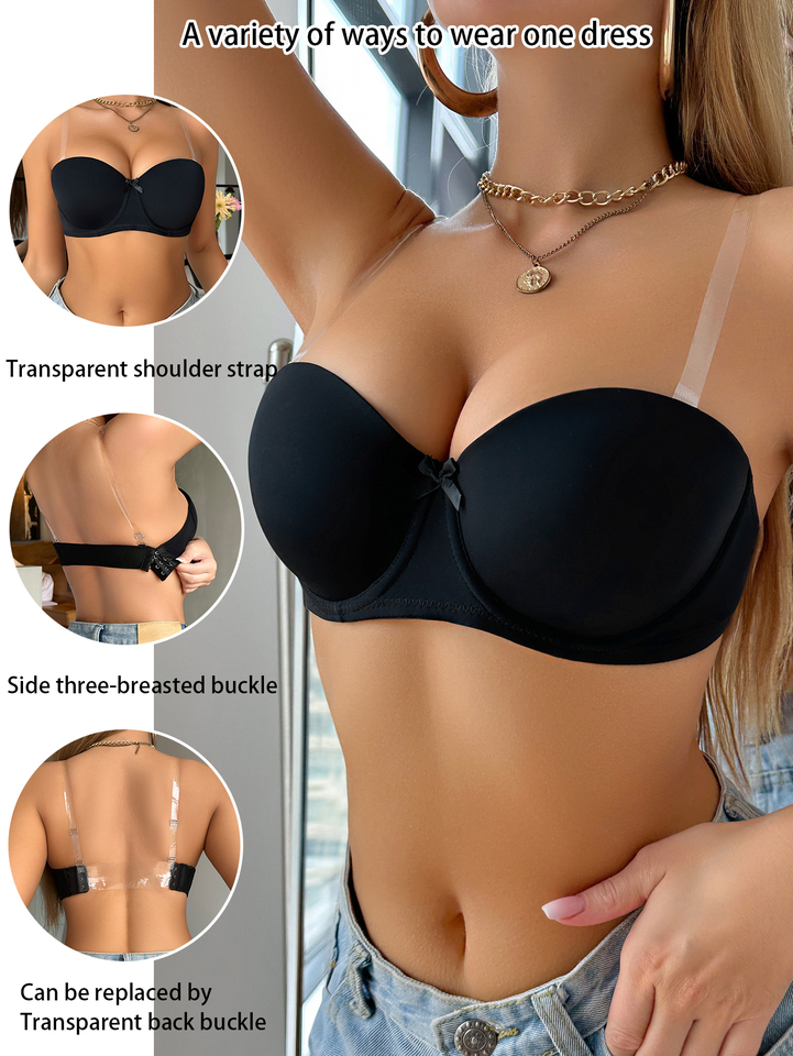 Women's Sexy Thin Cup Bra with Detachable Transparent Shoulder Straps, Extension Buckle, Backless, No Padding, Wrap-Around Invisible Push-Up Bra Underwear