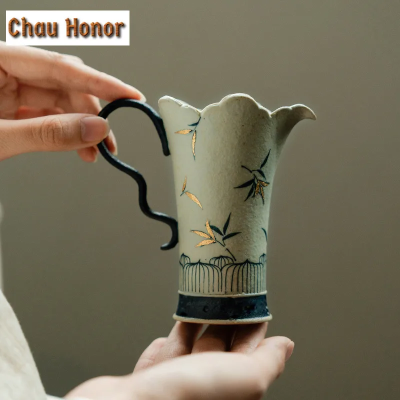 140ml Blue And White Flint Red Tea Pitcher Handmade Gold Drawing Bamboo Cha Hai Dispenser Mug Justice Cup Fair Mug Tea Services