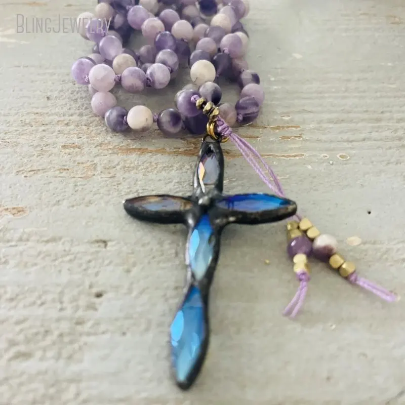 10pcs Purple Gemstone Matte Amethyst Boho Sari Silk Tassel Cross Pendant Necklace Women Accessories Aesthetic Y2k Jewelry