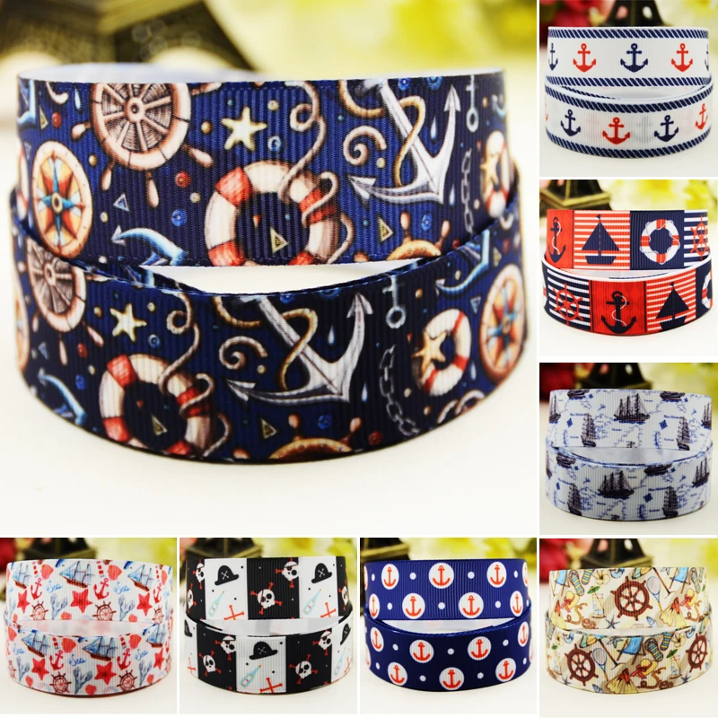 

22mm 25mm 38mm 75mm Ship & Anchor Cartoon printed Grosgrain Ribbon party decoration 50 Yards satin ribbons