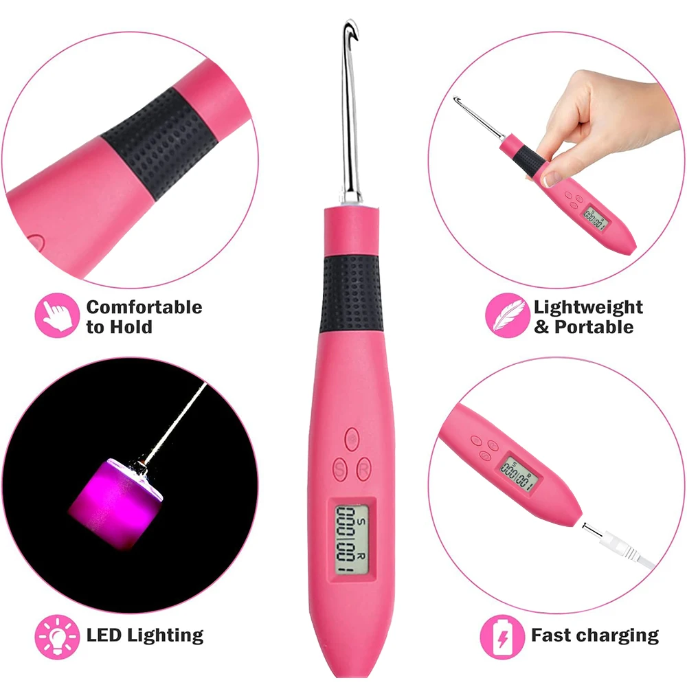 18pcs Lighted Crochet Hook Ergonomic Knitting Needle Set Interchangeable Metal Heads DIY Tool for Beginners