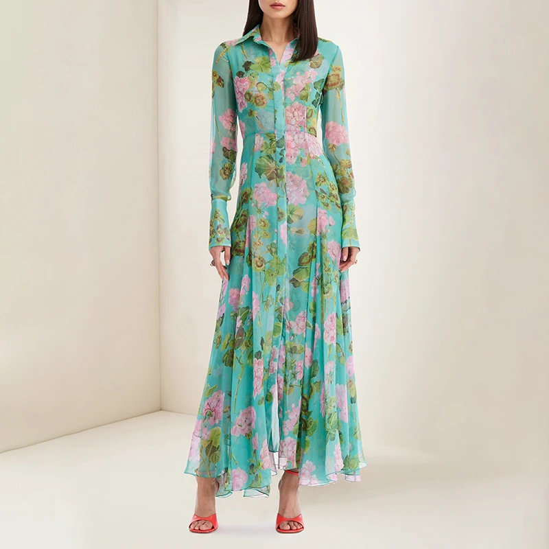 

Vintage Green Floral Printed Long Summer Dress Women 2023 Elegant Single Breasted Long Sleeve Pleated Maxi Dress Female
