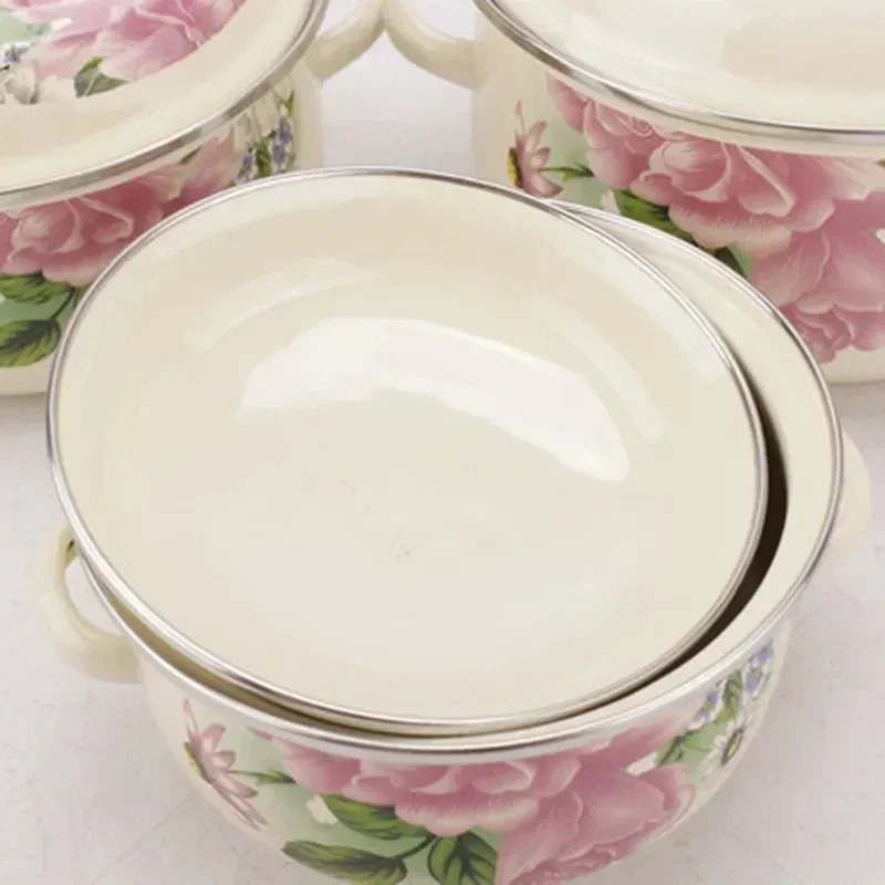 Milk Pot Enamel  Bowl Baby Food Bowl Ear Pot Cartoon with Lid Induction Pot Cooking