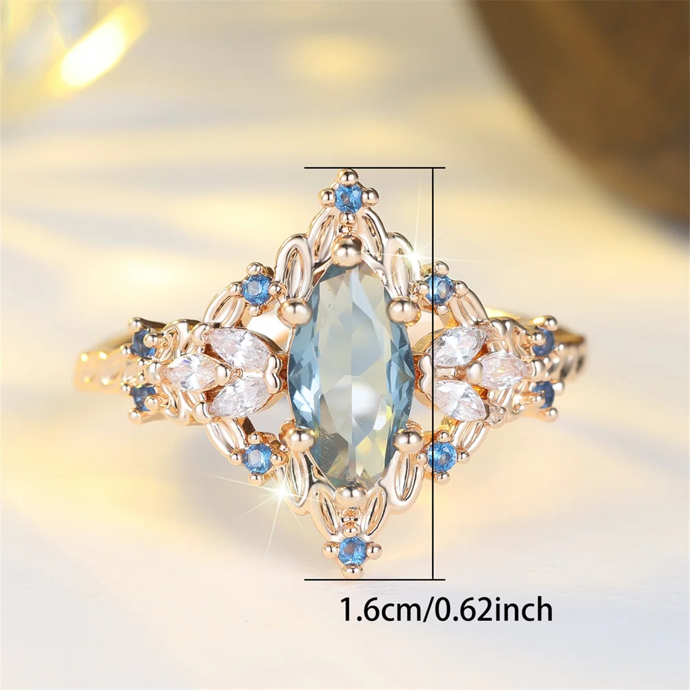 Fashion Blue Crystal Marquise Oval Stone Flower Rings For Women Vintage Gold Color Engagement Ring Wedding Jewelry Bridal Gifts