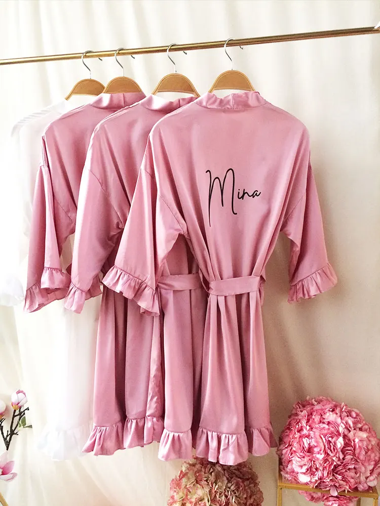 Dark Rose Satin Kimono Personalized Robe with Name for the Wedding Gown Custom Bachelorette Party Ruffle Silk Gown of Bridesmaid
