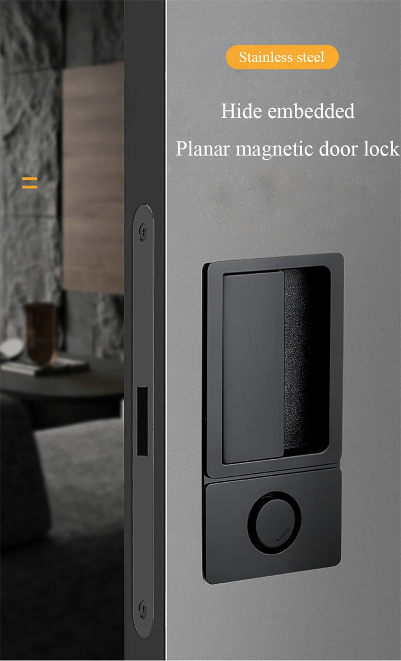 Description Picture 2 of itemMinimalist Hidden Door Handle Bedroom Door Lock Embedded Magnetic Silent Door Lock Black Simple Style Invisible Sliding Door Lo
