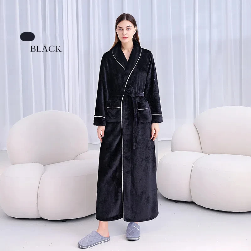 2024 Women Winter Solid Color Long Warm Flannel Bathrobe Plus Size Thick Bath Robes Men Sleepwear Solid Dressing Gown
