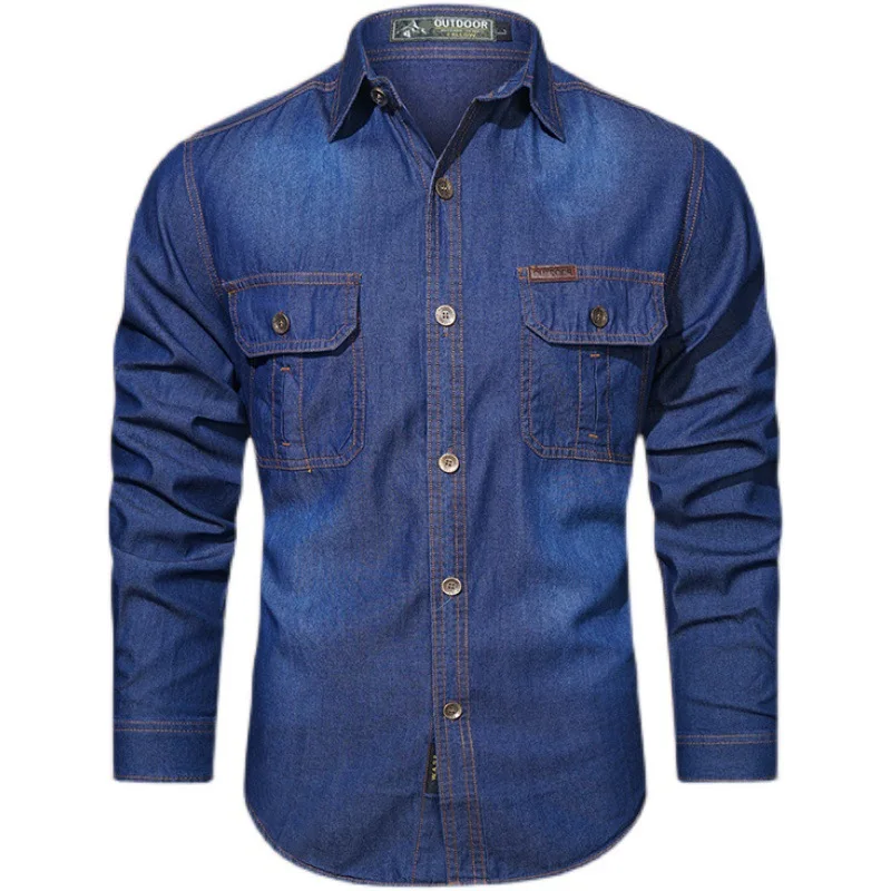 Spring Men Outdoor Multi-pocket Denim Tooling Shirts Man Long-sleeved Denim Shirts Quality Male Cotton Casual Jeans 5 denim shirt long sleeved shirt