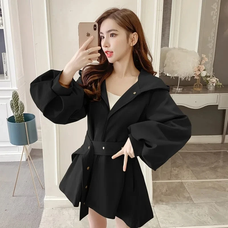 Trench Coat Women 2022 Spring Autumn Fashion All-match Hepburn Windbreaker Jacket Female Hooded Waist Lantern Sleeve Outerwear