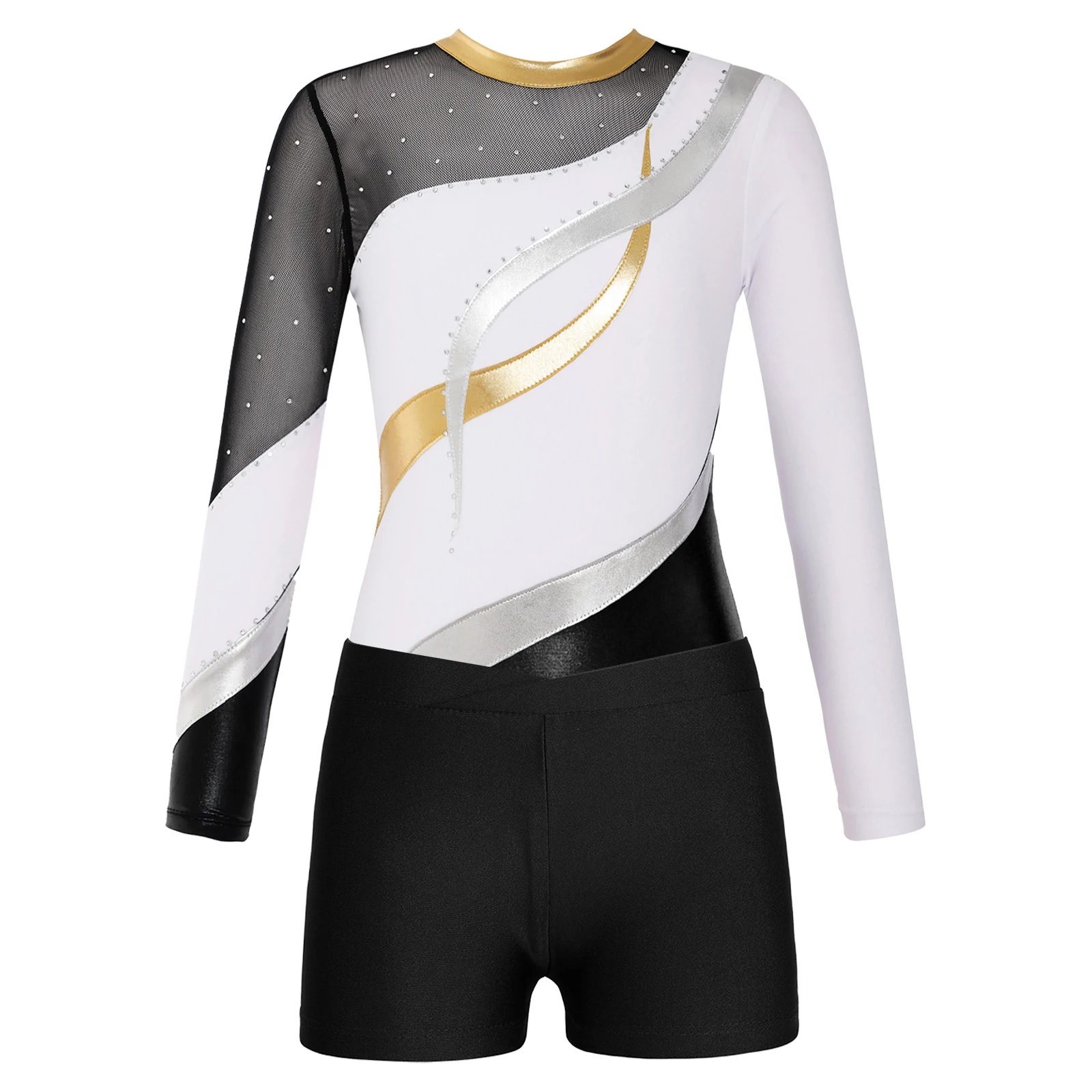 Kids Girls Gymnastics Leotard with Shorts Dancewear Sets for Dance Competition Long Sleeve Shiny Rhinestone Skating Bodysuit