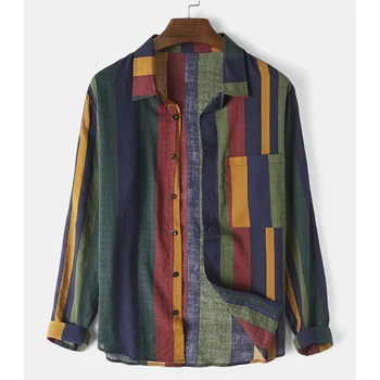Autumn Men's Streetwear Colorful Vertical Stripes Loose Long Sleeve Shirt Leisure Fashion Retro Button-down Cotton Pockets Tops 1