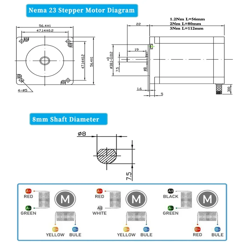 Stepper Motor Driver, Stepper Motor, Nema23 57mm Open Loop Stepper Motor 3A 2Ph 8mm Shaft 1.2-3Nm Driver Kit DM556 For CNC 3D Printer Engraving Milling Machine