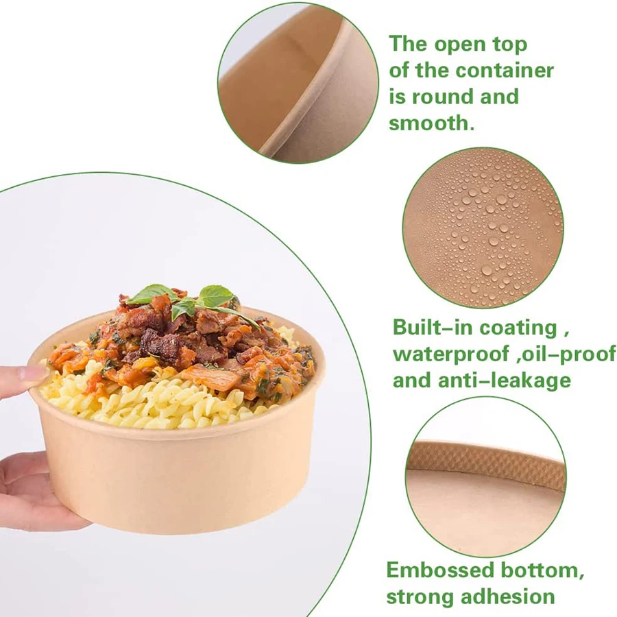 20Pcs Disposable Kraft Paper Bowl Fruit Salad Fast Food Package Box Takeaway Food Storage Package Lunch Box With Lid