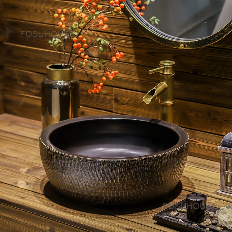 Nordic Circular Antique Platform Basin Home Bathroom Sinks Small Wash Ceramic Washbasins Outdoor Washing | Обустройство дома