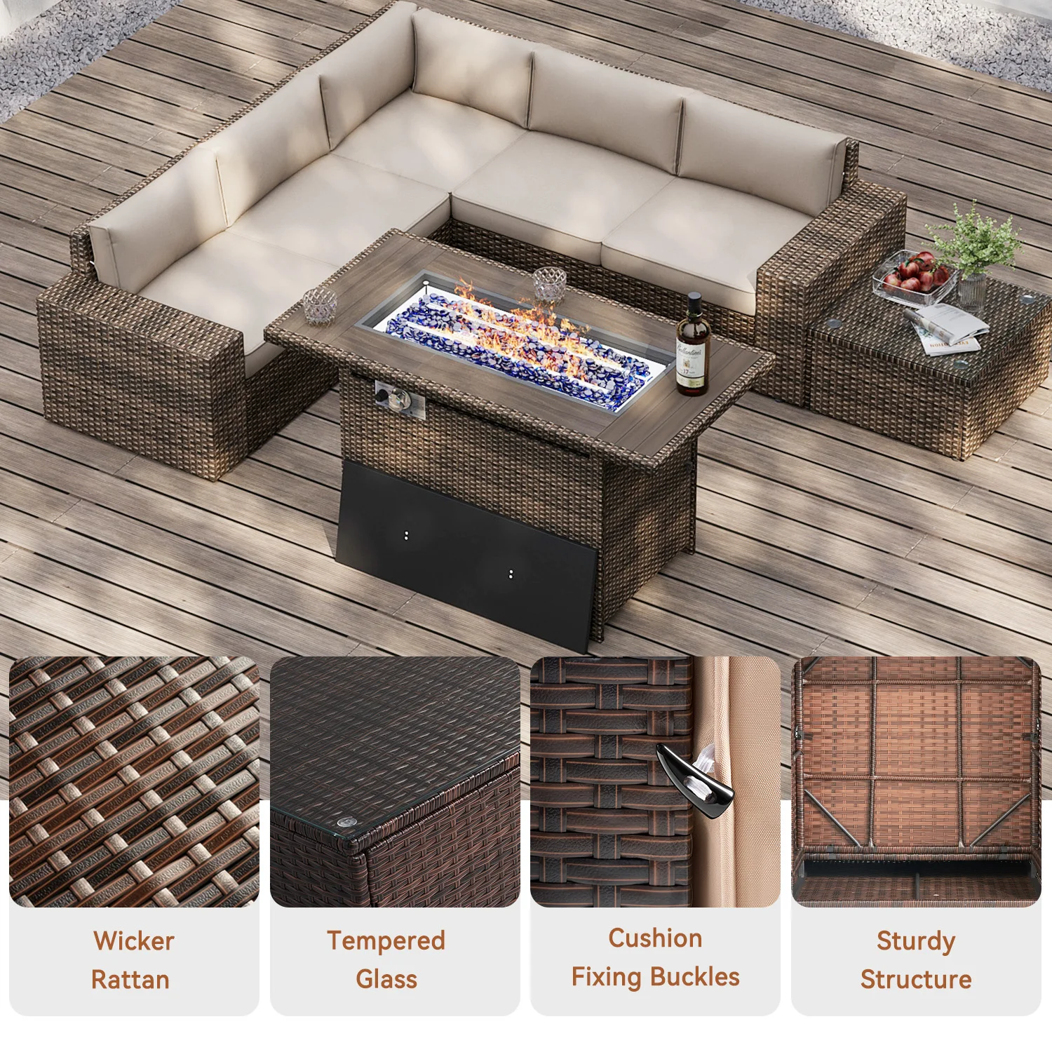 Aoxun 44" Propane Fire Pit with Storage 60,000 BTU Outdoor Wicker Fire Table CSA Certified Patio Rectangular and Waterproof Cove