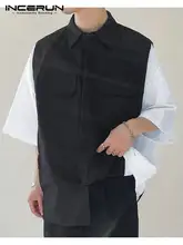 

INCERUN Tops 2022 Korean Style New Men High-end Stitching Blouse Contrast Color Handsome Male Pocket Short-sleeved Shirts S-5XL