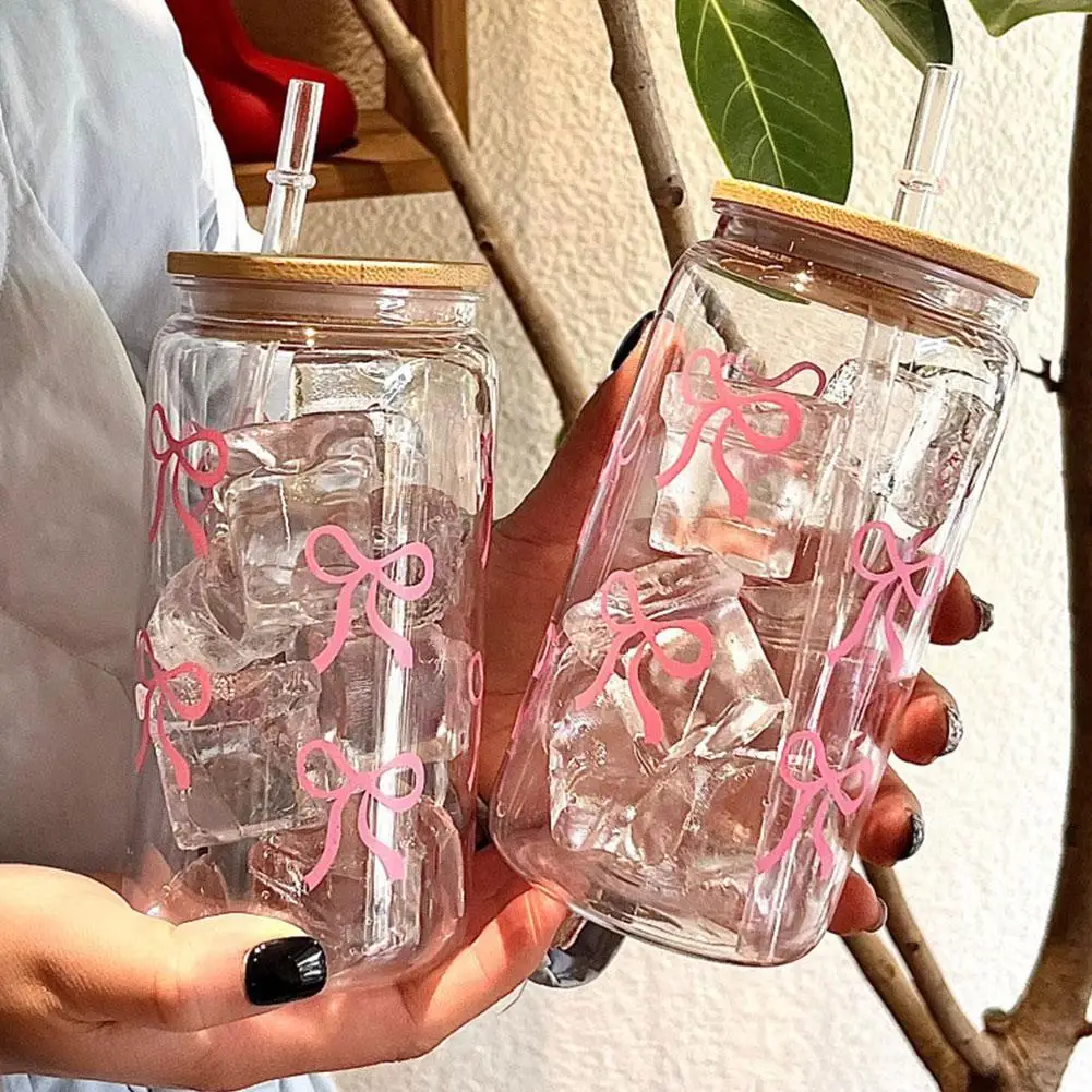 Charming Bow Glass Tumbler with Lid and Straw - Perfect for Iced Coffee, Juice, and Gifts