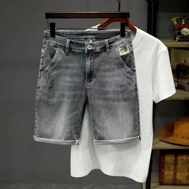 Summer Thin 2025 Denim Short Pants Men's Ruffian Handsome Straight Korean Trendy Brand Embroidered High-end Work Denim Shorts